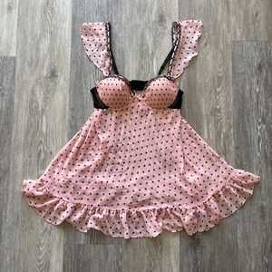 Gilligan & O'Malley Pink Sheer Polka Dot Bow Babydoll Coquette Chemise Size S